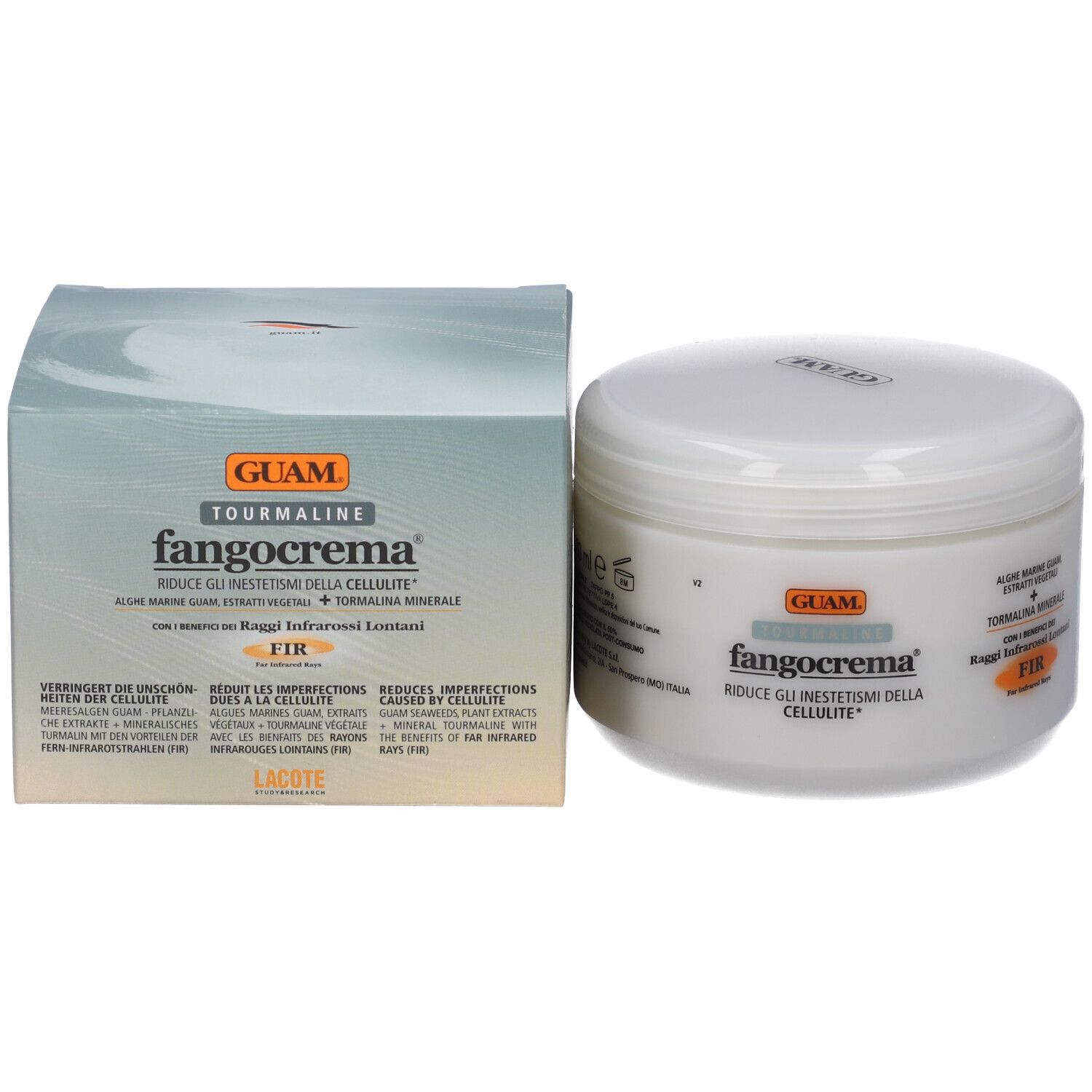 Produktverpackung und Tiegel. Verpackung: rechteckige Schachtel. Aufschrift: GUAM, fangocrema, Turmalin. Text: Reduziert Cellulite.