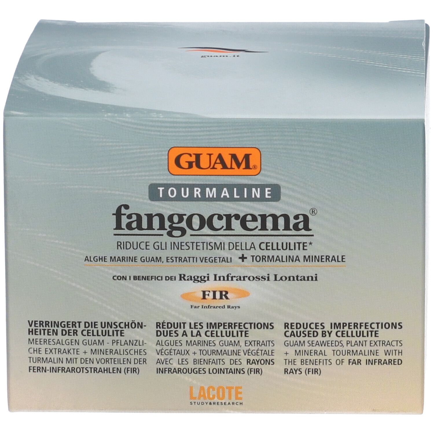 Rechteckige Produktverpackung. Aufschrift: GUAM, fangocrema, Turmalin. Text: Reduziert Cellulite. Text in mehreren Sprachen.