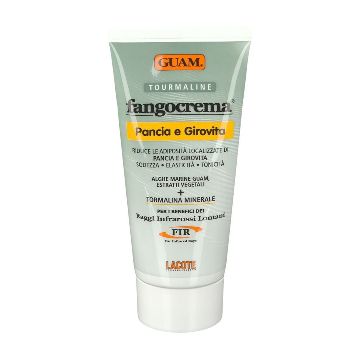 Tubo di crema. Scritta GUAM Tourmaline Fangocrema Pancia e Girovita. Verde e bianco.