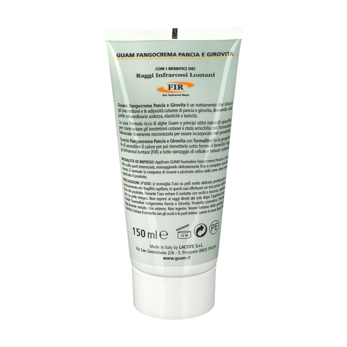 Retro del tubo di crema. Testo in italiano. 150 ml. Logo.