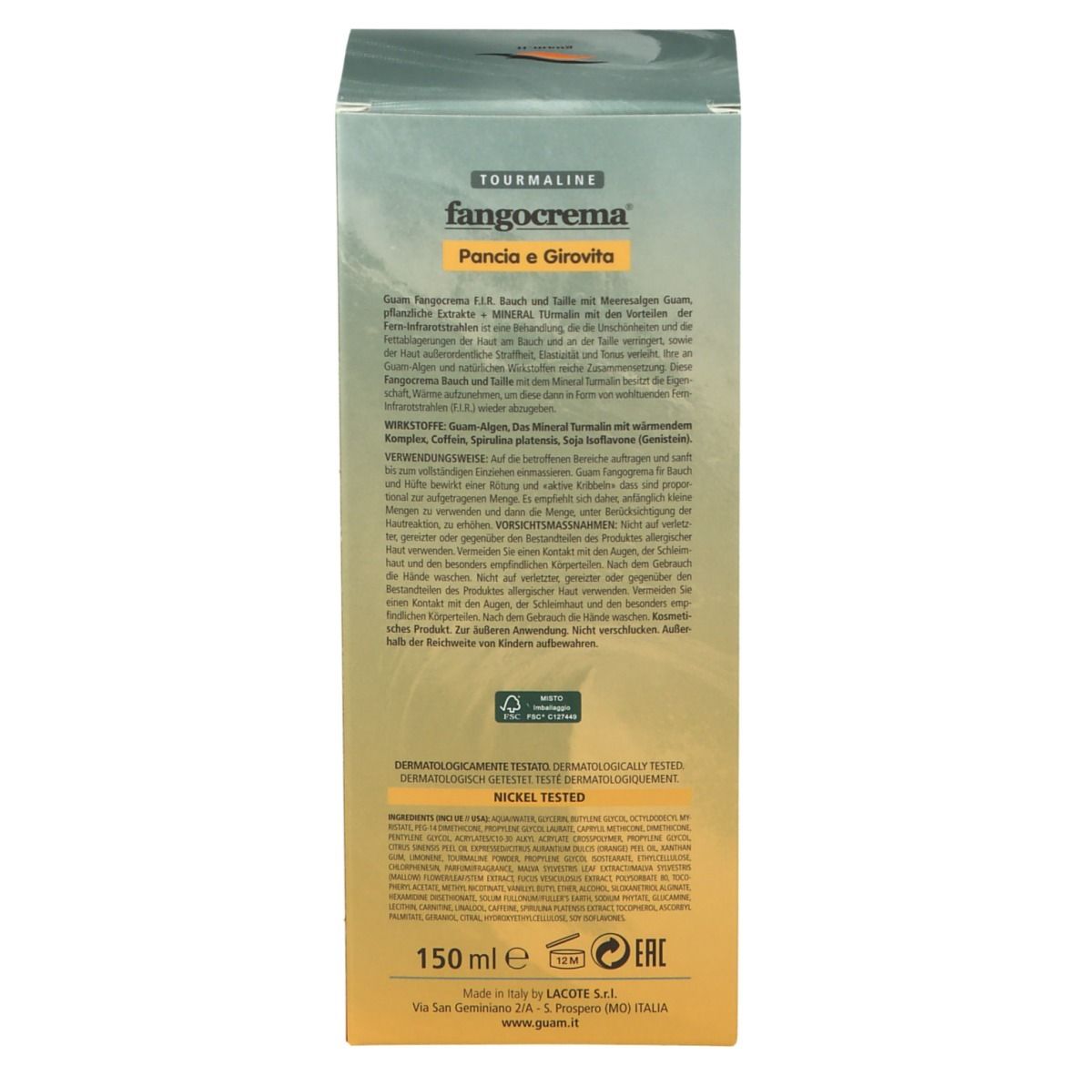 Scatola. Testo in italiano. 150 ml. Logo. Verde e giallo.
