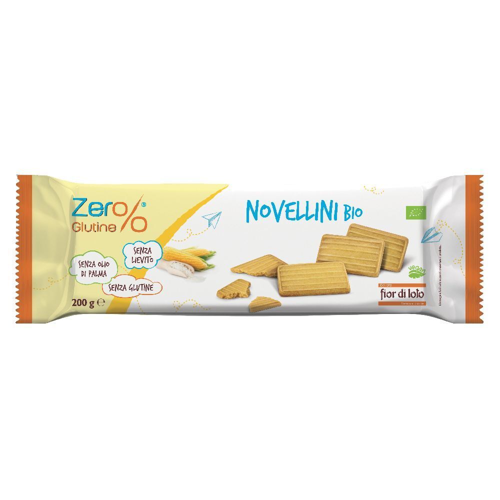 Confezione di biscotti. Scritte: Zero% Glutine, Novellini Bio, senza olio di palma, senza lattosio, senza glutine. 200g.