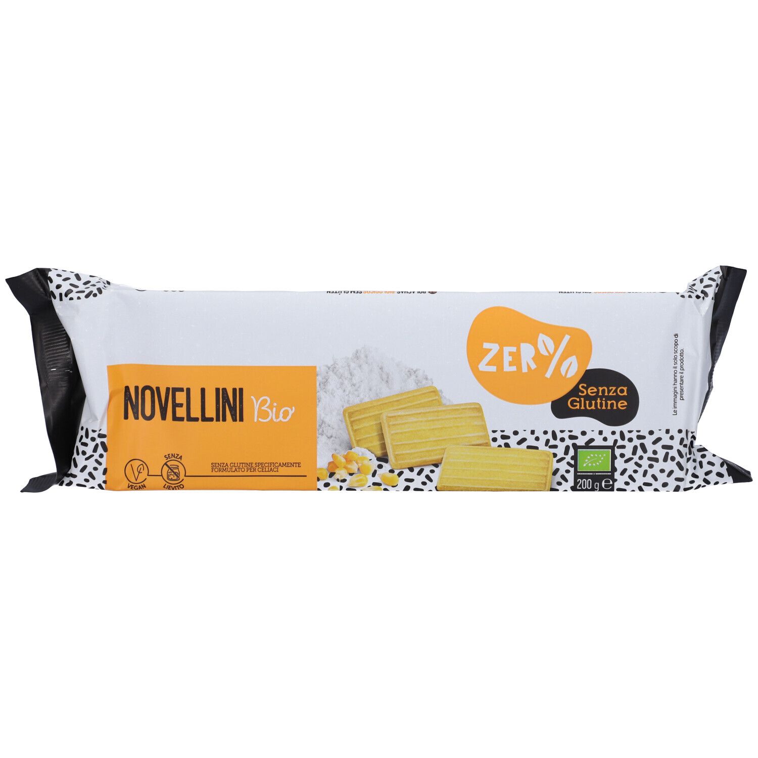 Confezione di biscotti. Scritte: Zero% Glutine, Novellini Bio, senza glutine. 200g. Marchio bio.