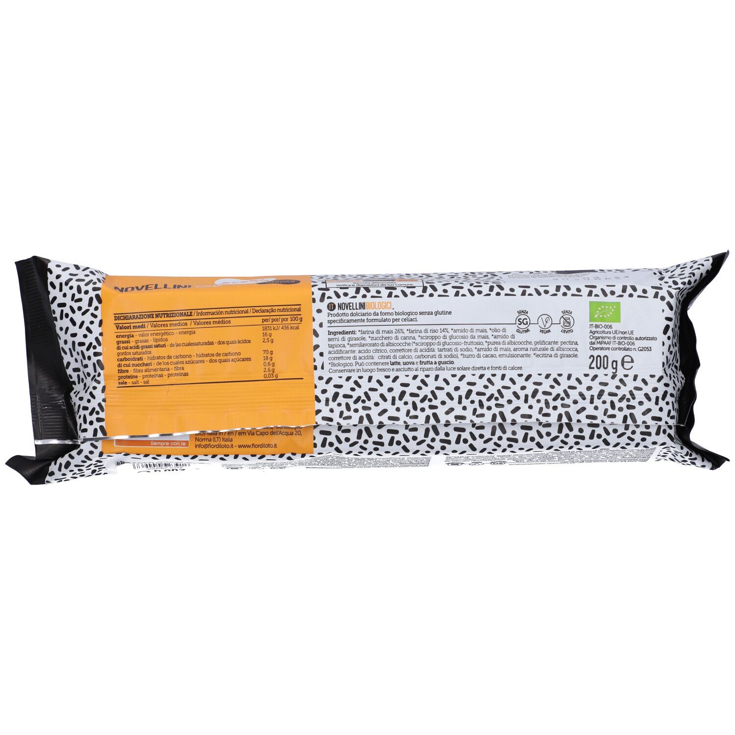 Retro della confezione di biscotti. Scritte: Novellini Bio, tabella nutrizionale, marchio bio. 200g.