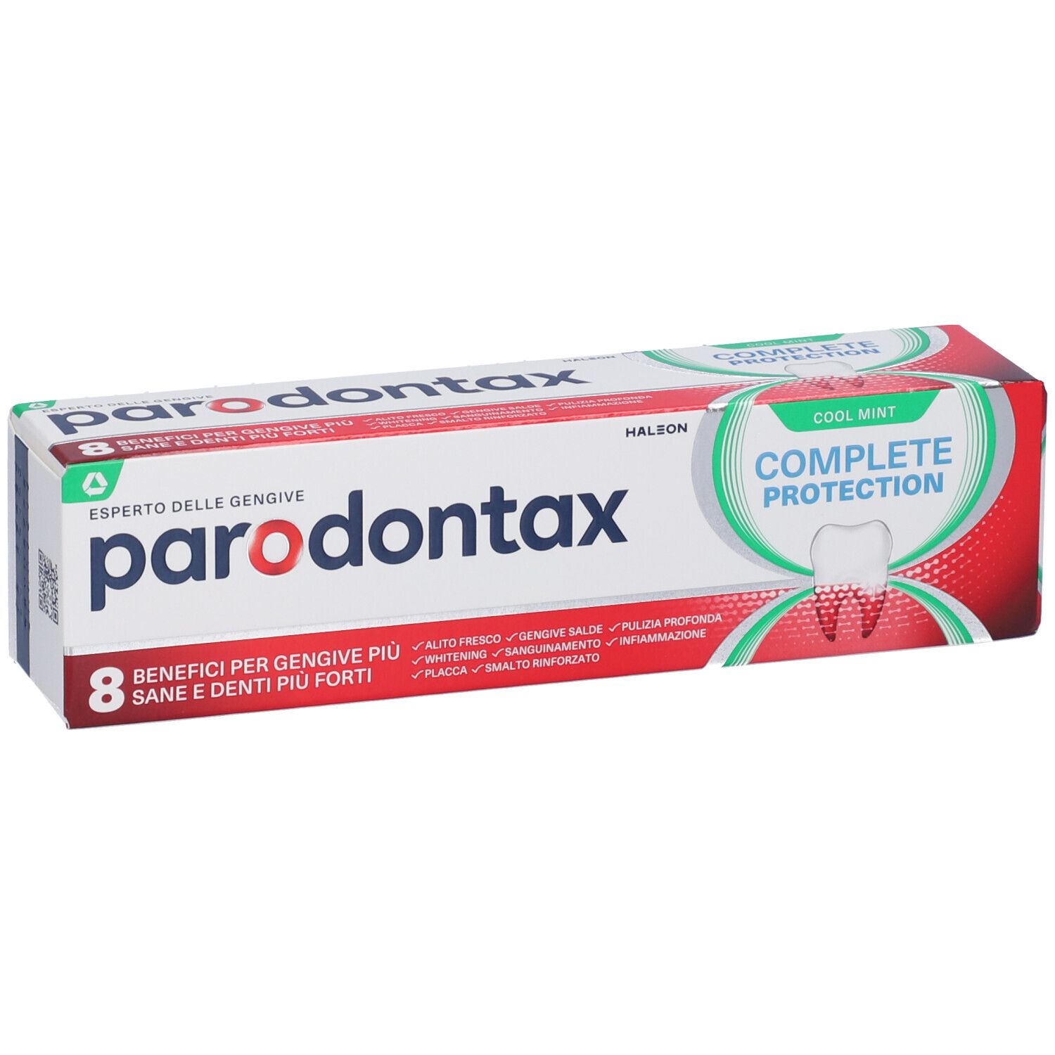 Verpackung der Zahnpasta Parodontax Complete Protection mit Cool Mint Geschmack.