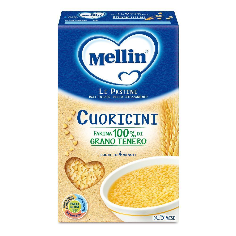 Scatola blu e bianca Mellin Cuoricini. Pasta a forma di cuore, 100% grano, cuoce in 4 minuti. Da 5 mesi.