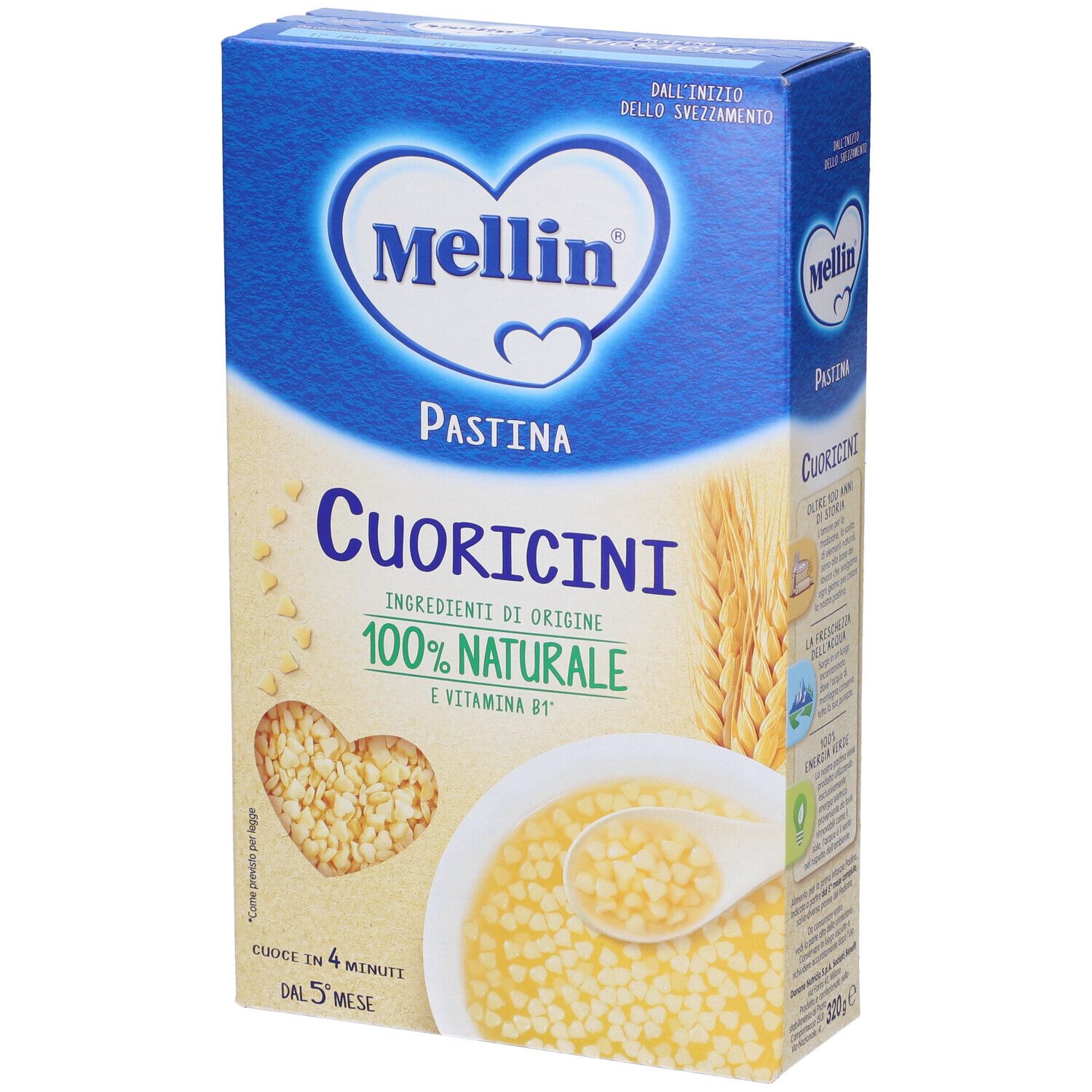 Confezione Mellin Cuoricini. Scatola blu con pasta a forma di cuore. Ingredienti 100% naturali e vitamina B1. Cuoce in 4 min.