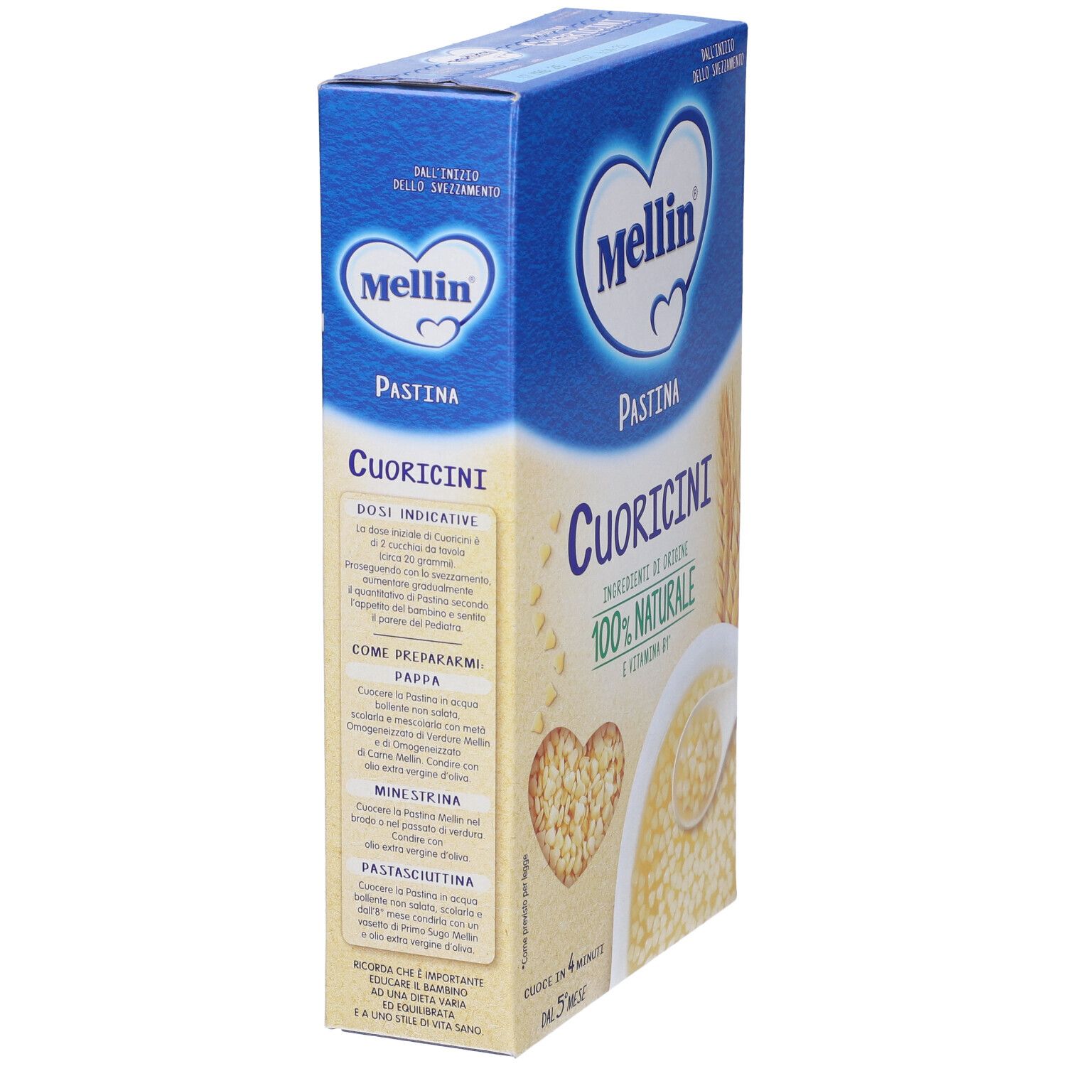 Scatola blu Mellin, pasta Cuoricini. Retro con testo e informazioni nutrizionali. Ingredienti 100% naturali. Da 5 mesi.