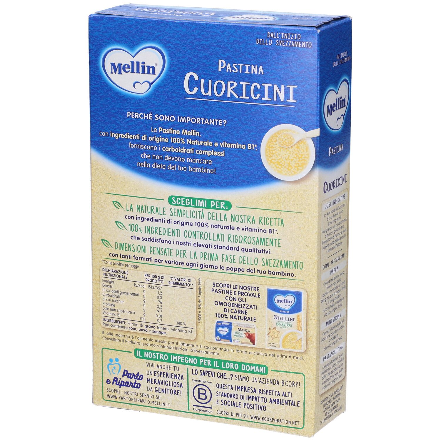 Retro della confezione Mellin Cuoricini. Testo su ingredienti, valori nutrizionali e preparazione. Ingredienti 100% naturali.