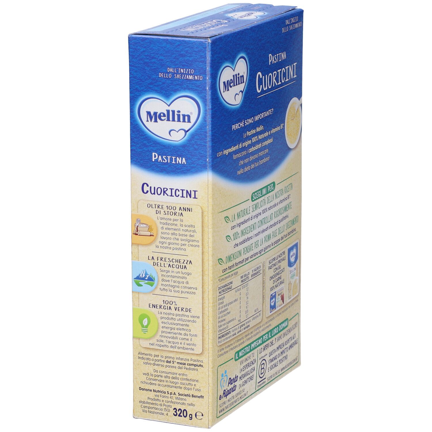 Confezione Mellin Cuoricini, vista laterale. Scatola blu con testo e logo. 320g. Ingredienti 100% naturali. Da 5 mesi.