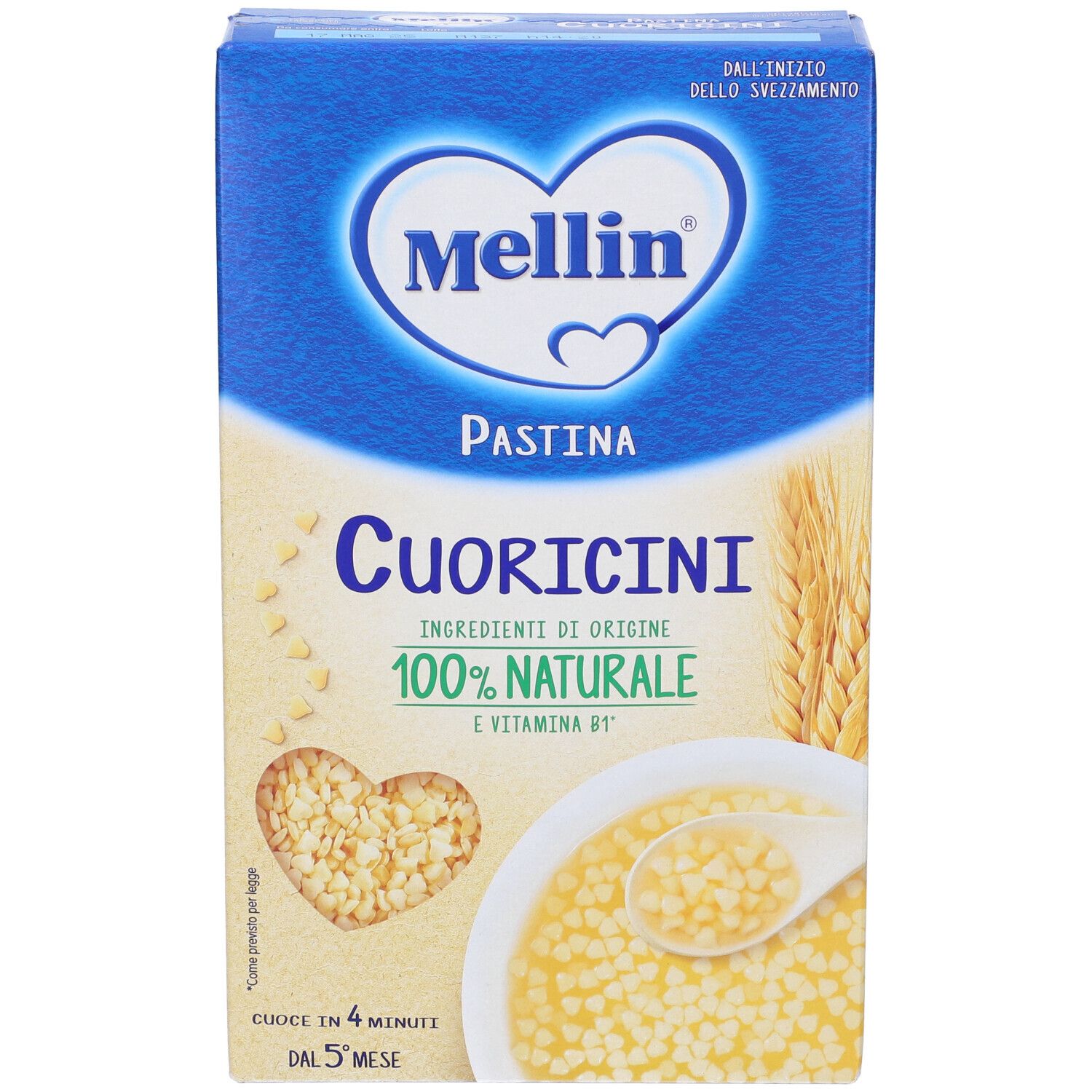 Confezione Mellin Cuoricini. Scatola blu con pasta a forma di cuore. Ingredienti 100% naturali e vitamina B1. Cuoce in 4 min.