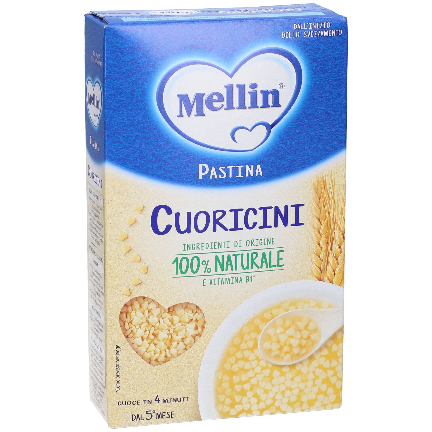 Confezione Mellin Cuoricini. Scatola blu con pasta a forma di cuore. Ingredienti 100% naturali e vitamina B1. Cuoce in 4 min.