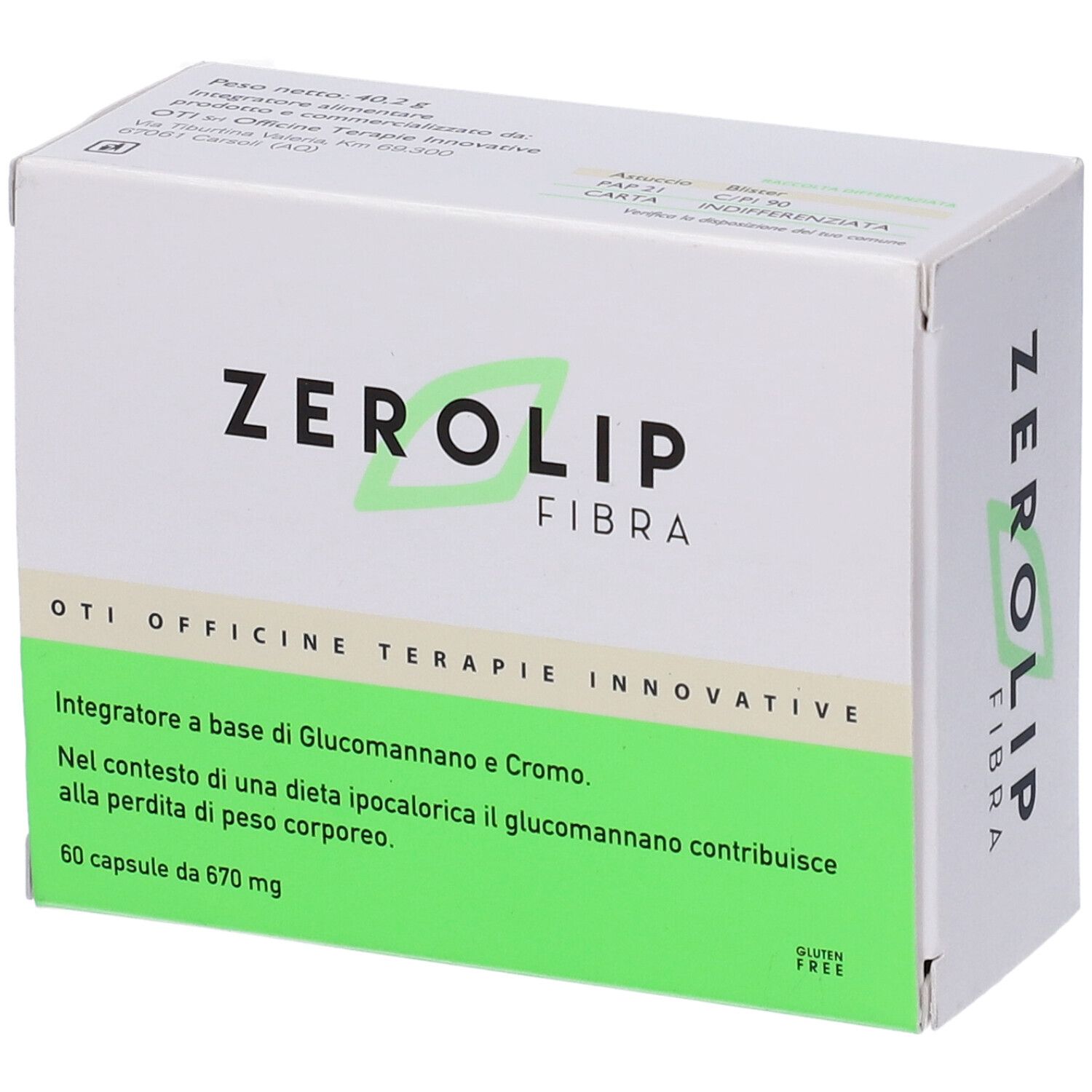 Scatola bianca con logo "ZEROLIP FIBRA" e area verde. Testo: "60 capsule da 670 mg".