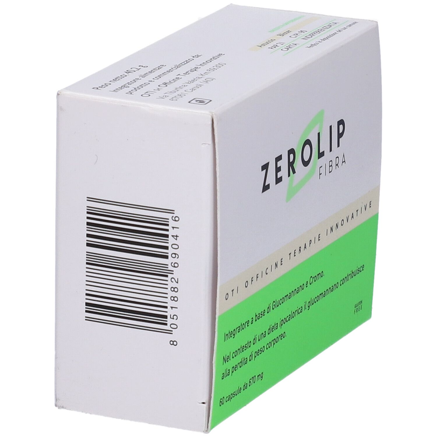 Scatola bianca con logo "ZEROLIP FIBRA" e codice a barre. Area verde con testo. "60 capsule da 670 mg".