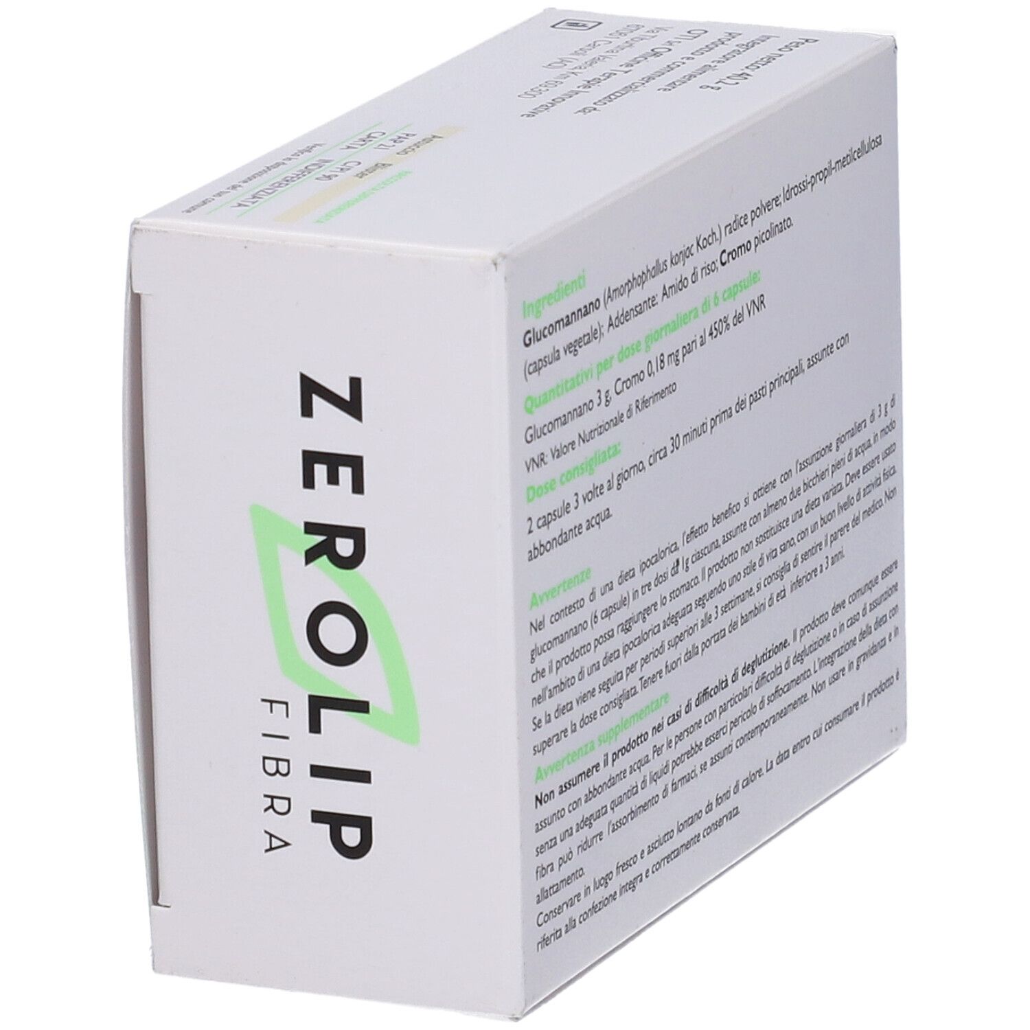 Scatola bianca con logo "ZEROLIP FIBRA" e testo. Elenco ingredienti e istruzioni per l'uso. Testo in italiano.