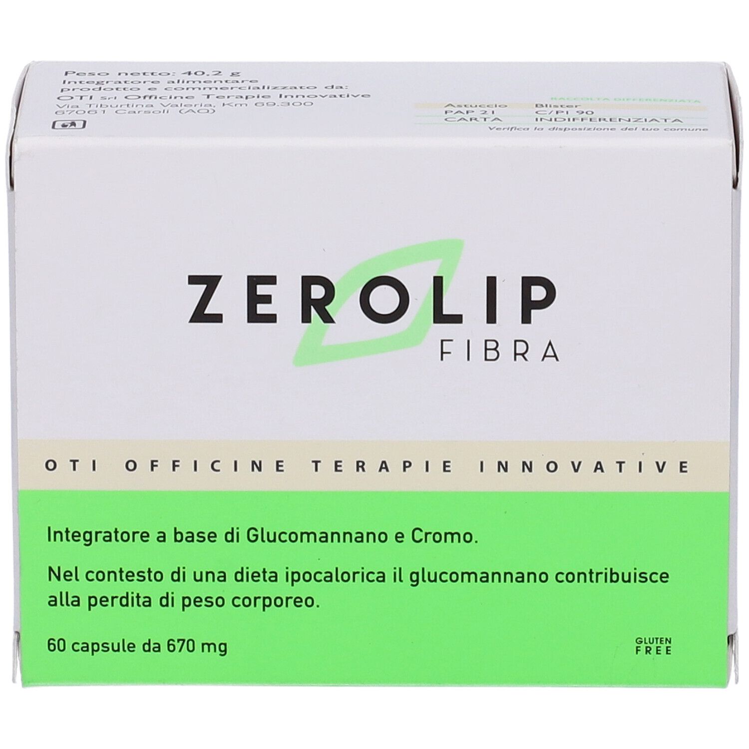 Scatola bianca con logo "ZEROLIP FIBRA" e area verde. Testo: "60 capsule da 670 mg".