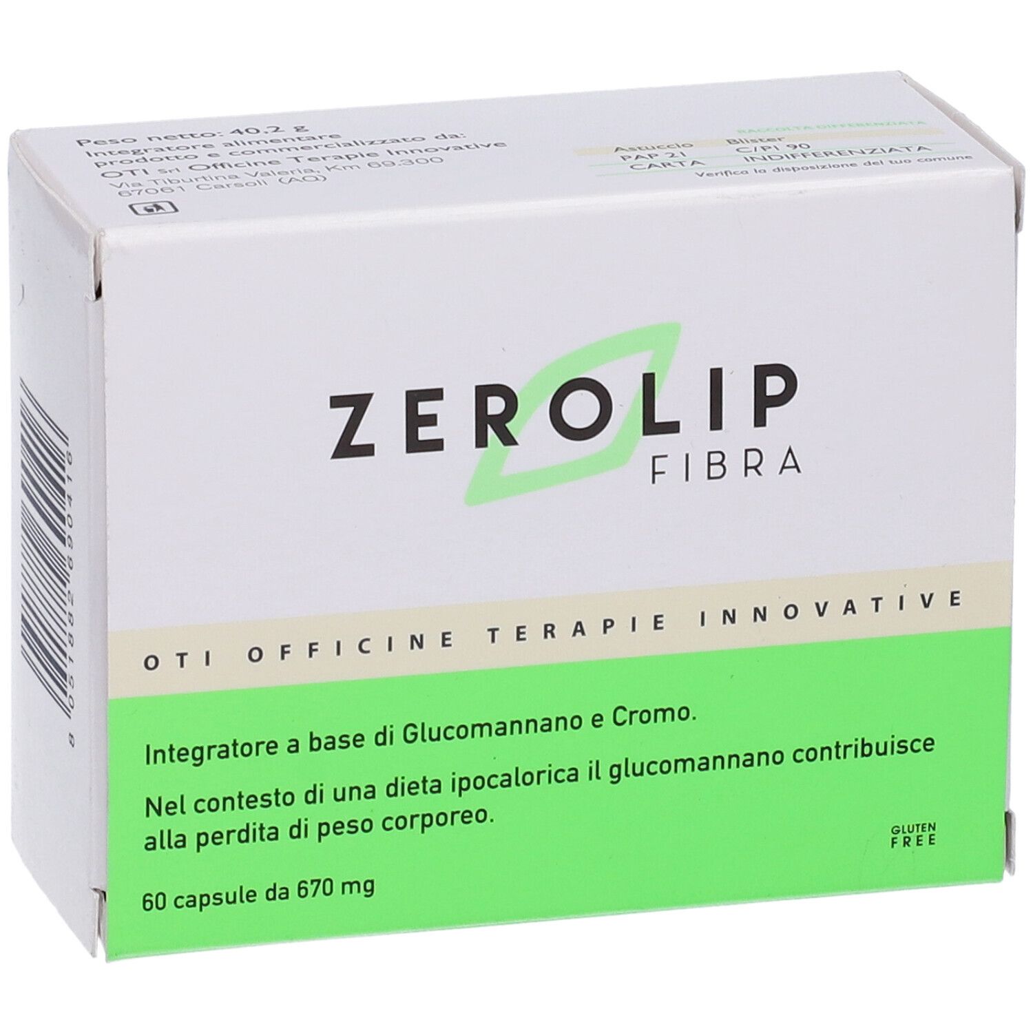 Scatola bianca con logo "ZEROLIP FIBRA" e area verde. Testo: "60 capsule da 670 mg".