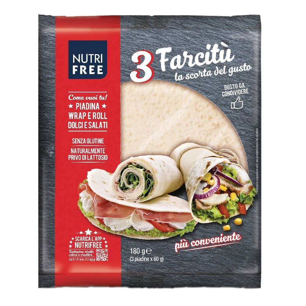 Confezione di 3 Farcitù. Scritta Nutrifree, senza glutine, senza lattosio. Wraps farciti illustrati.