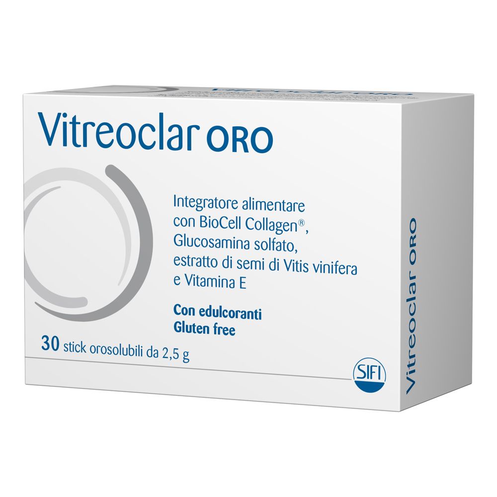 Vitreoclar ORO-Verpackung. Weiße Schachtel mit Produktnamen und Inhaltsstoffen. 30 Sticks orosolubili.