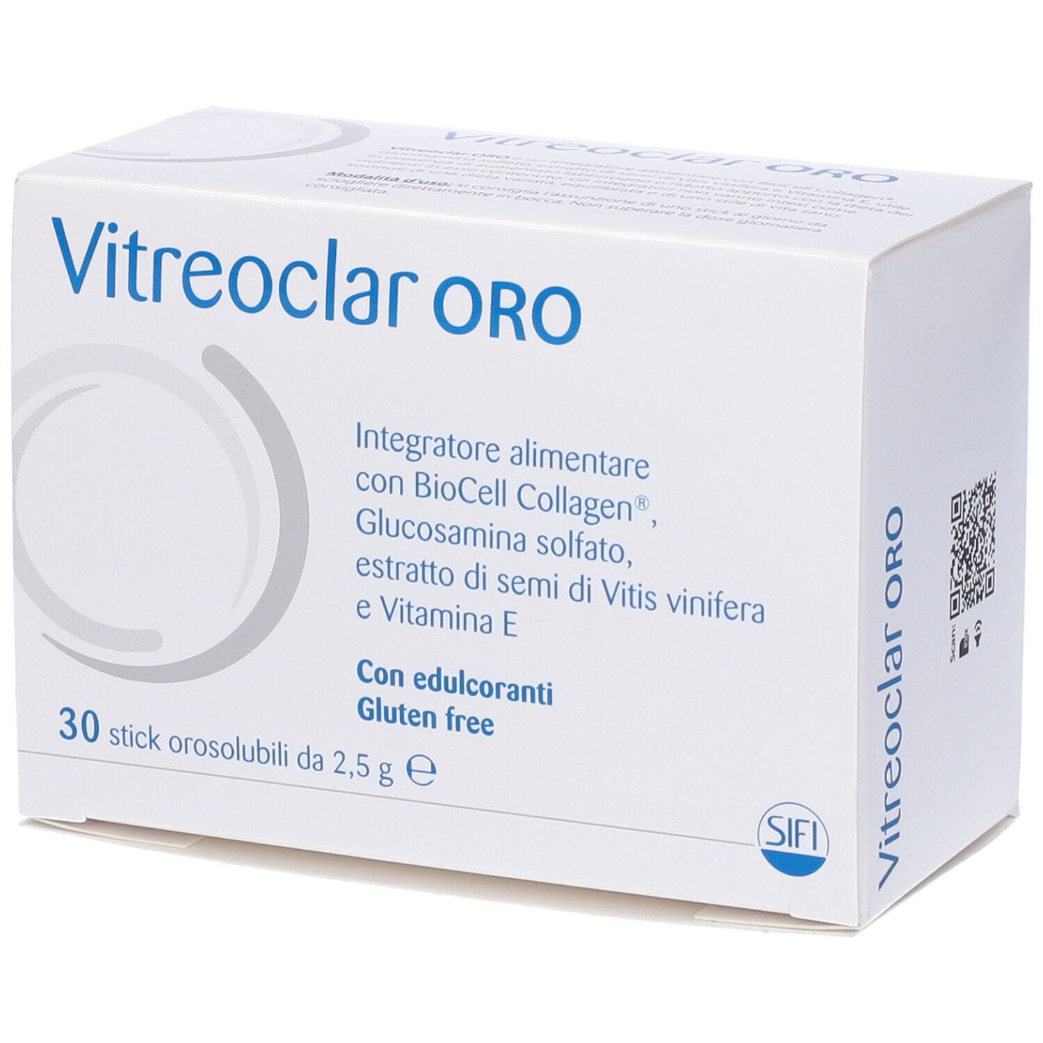 Vitreoclar ORO-Verpackung. Weiße Schachtel mit Produktnamen und Inhaltsstoffen. 30 Sticks orosolubili.
