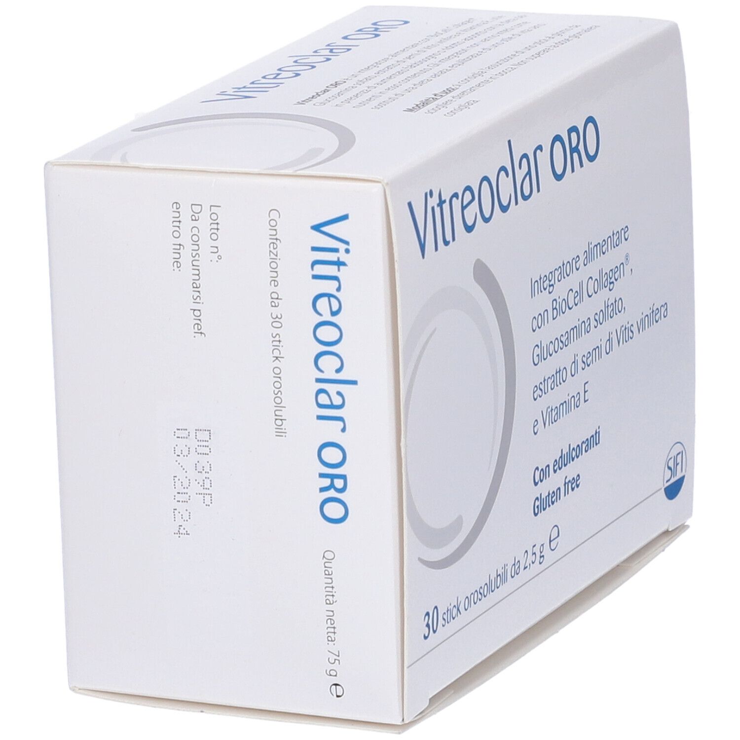 Vitreoclar ORO-Verpackung. Weiße Schachtel mit Produktnamen und Inhaltsstoffen. 30 Sticks orosolubili.