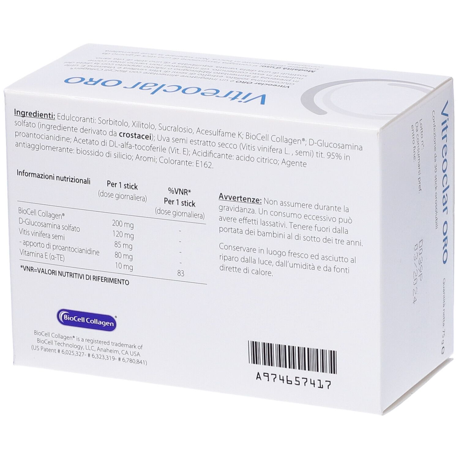 Vitreoclar ORO-Verpackung. Weiße Schachtel mit Produktnamen und Inhaltsstoffen. 30 Sticks orosolubili.
