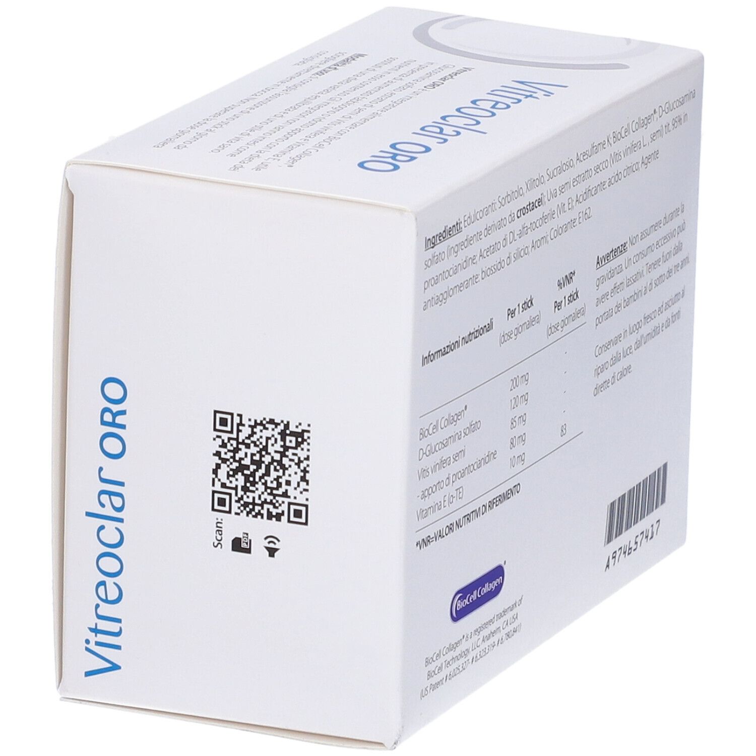 Vitreoclar ORO-Verpackung. Weiße Schachtel mit Produktnamen und Inhaltsstoffen. 30 Sticks orosolubili.