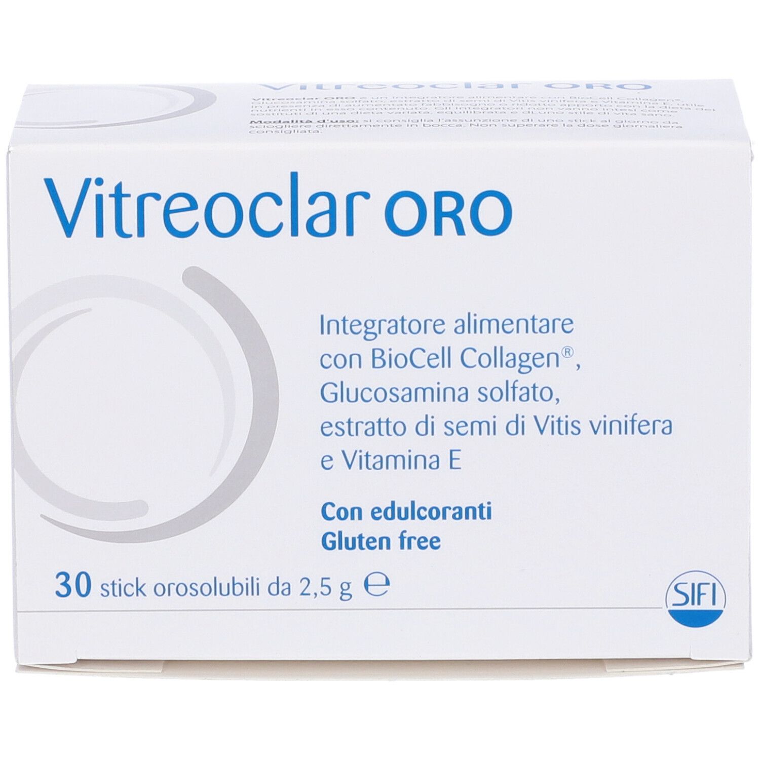 Vitreoclar ORO-Verpackung. Weiße Schachtel mit Produktnamen und Inhaltsstoffen. 30 Sticks orosolubili.