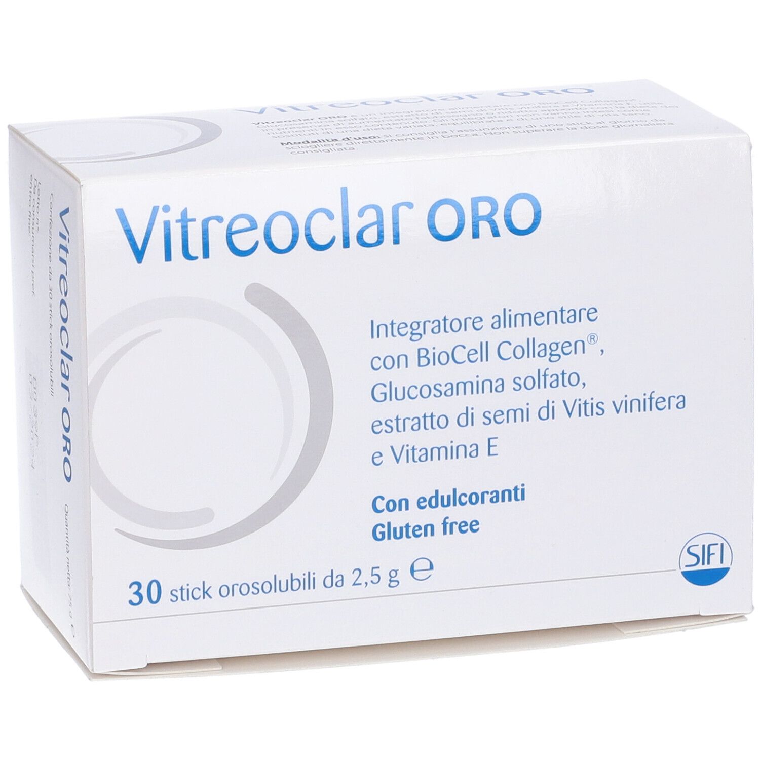 Vitreoclar ORO-Verpackung. Weiße Schachtel mit Produktnamen und Inhaltsstoffen. 30 Sticks orosolubili.