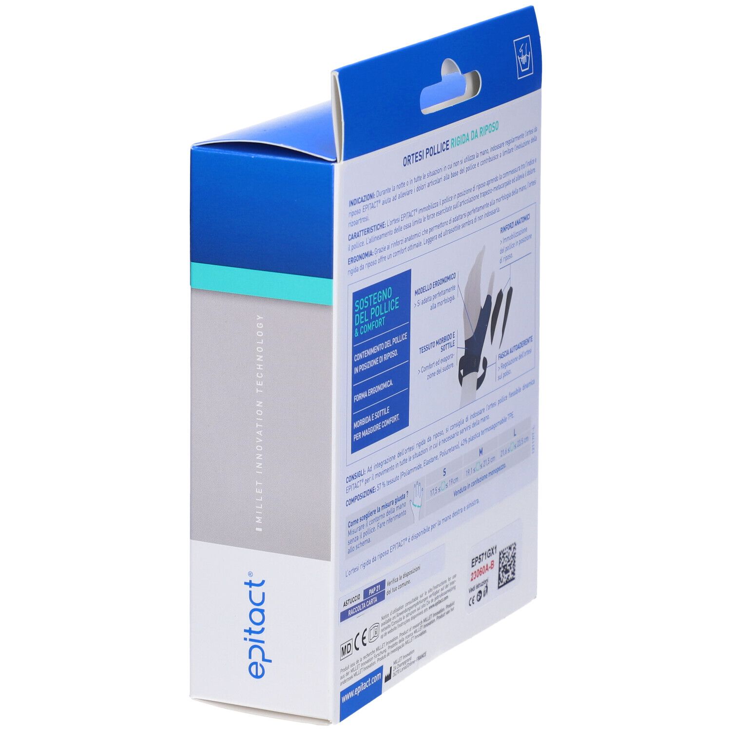 Scatola Epitact Ortesi Pollice Rigida Da Riposo Sinistra Small. Vista laterale con testo e immagine su sfondo blu.