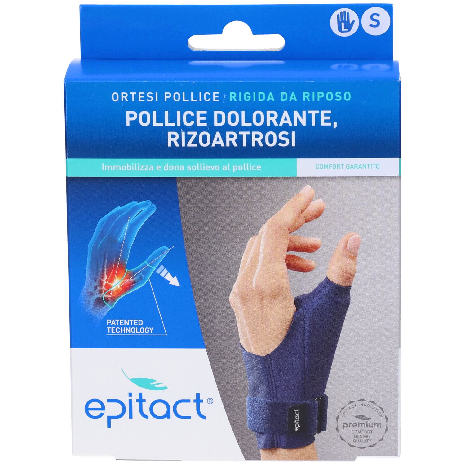 Scatola Epitact Ortesi Pollice Rigida Da Riposo Sinistra Small. Scatola blu con immagine del prodotto e testo.
