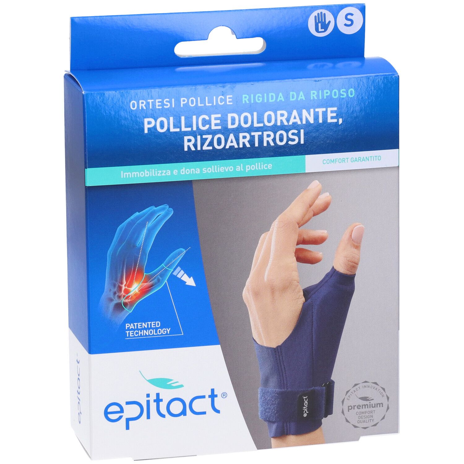 Scatola Epitact Ortesi Pollice Rigida Da Riposo Sinistra Small. Scatola blu con immagine del prodotto e testo.