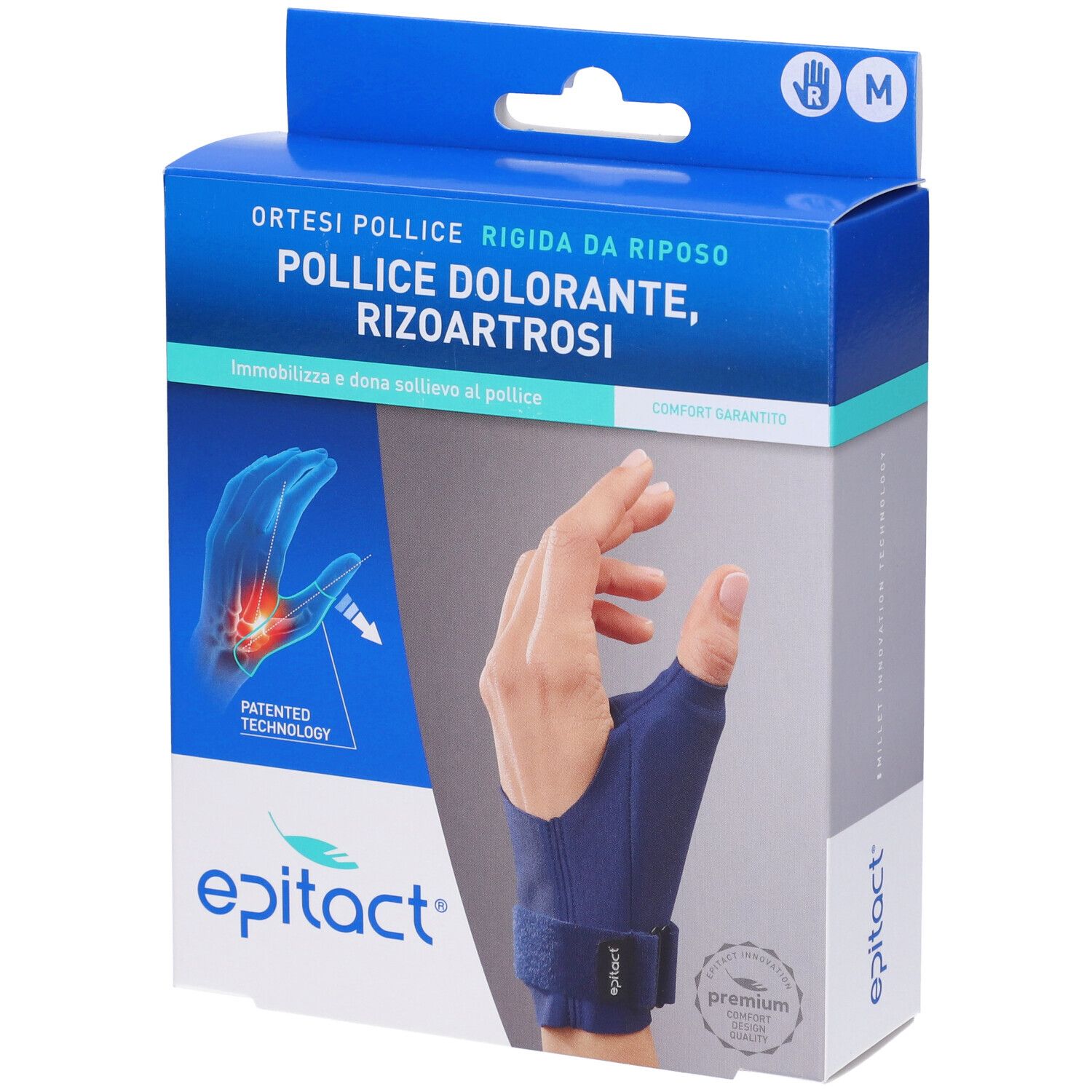 Blau-weiße Verpackung. Zeigt eine Hand mit Daumenorthese. Text: Epitact, Ortesi Pollice Rigida Da Riposo, Rizoartrosi.