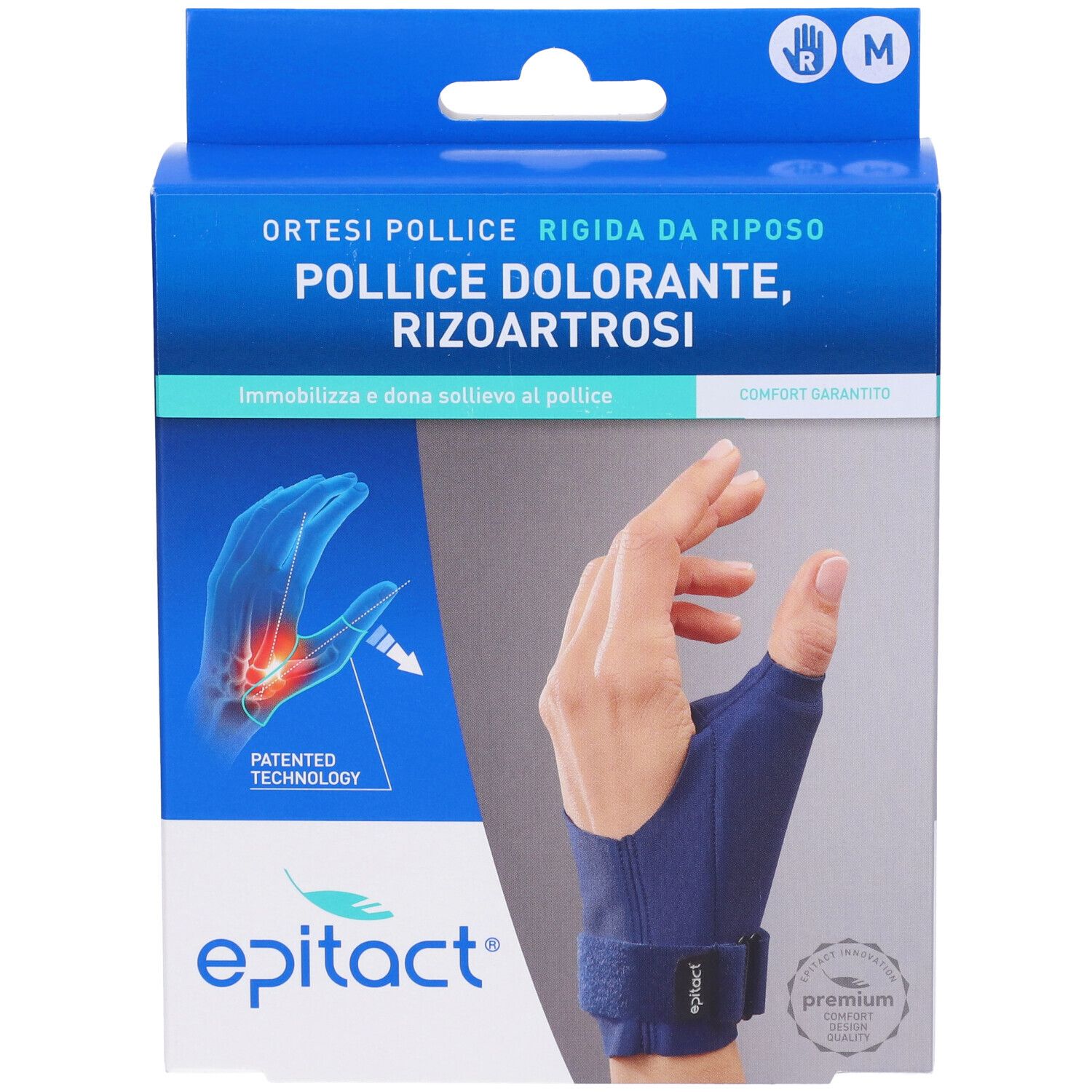 Blau-weiße Verpackung. Zeigt eine Hand mit Daumenorthese. Text: Epitact, Ortesi Pollice Rigida Da Riposo, Rizoartrosi.