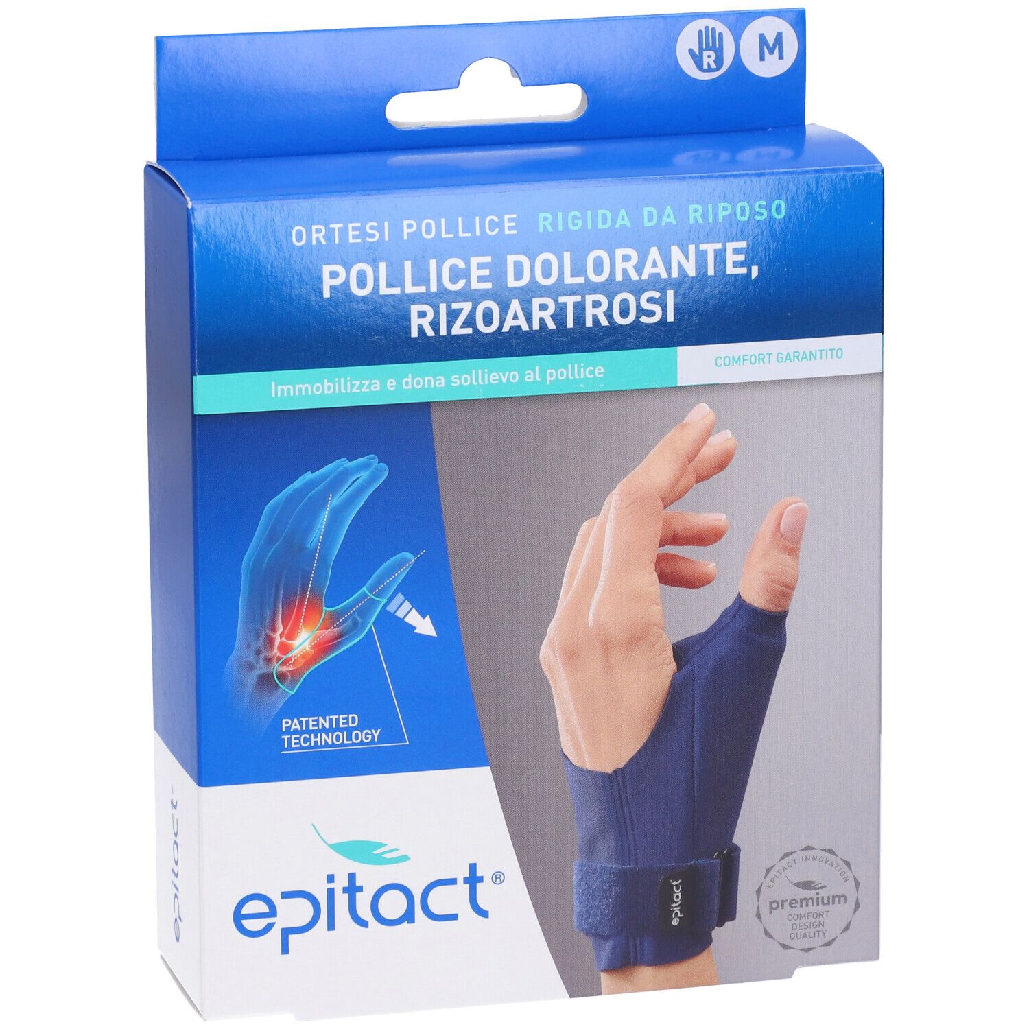 Blau-weiße Verpackung. Zeigt eine Hand mit Daumenorthese. Text: Epitact, Ortesi Pollice Rigida Da Riposo, Rizoartrosi.