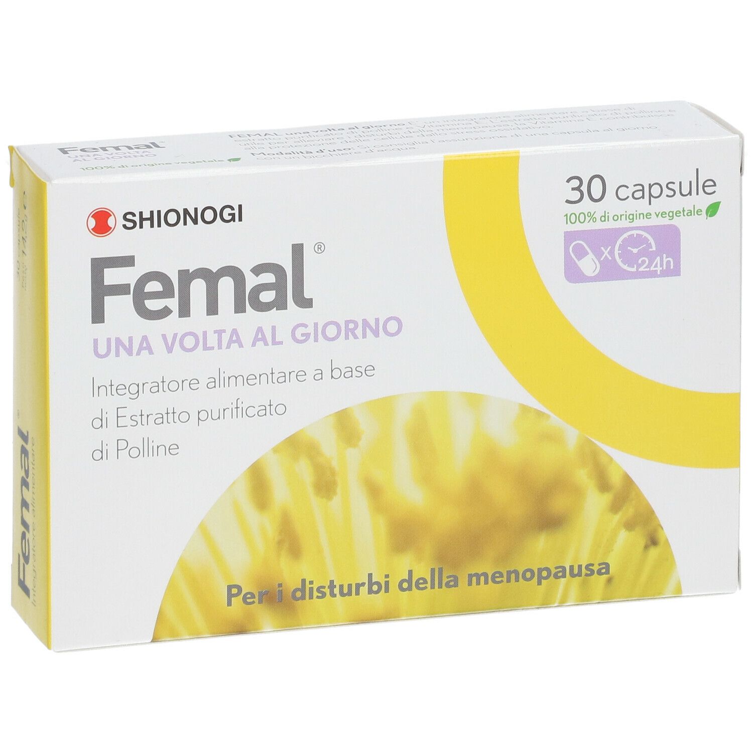 Confezione di Femal®, 30 capsule. Scritta: Una volta al giorno. Estratto di polline. Scatola gialla e bianca.