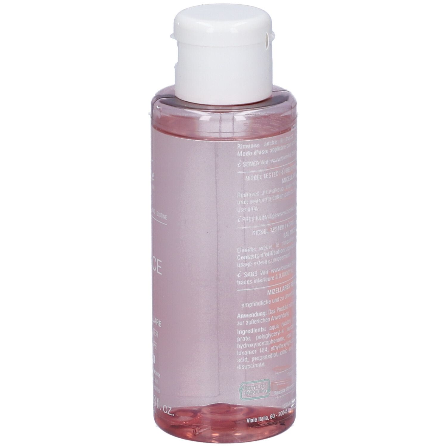 Klare Flasche mit weißem Klappdeckel, gefüllt mit rosafarbener Flüssigkeit.