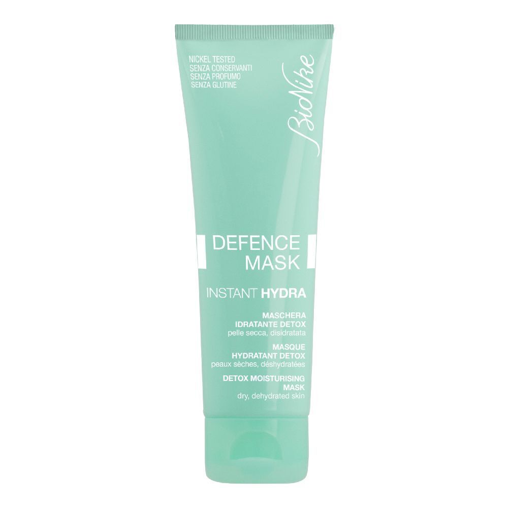 Tubo turchese con testo bianco. Scritta: Defence Mask, Instant Hydra. Marchio: BioNike. Per pelli secche.