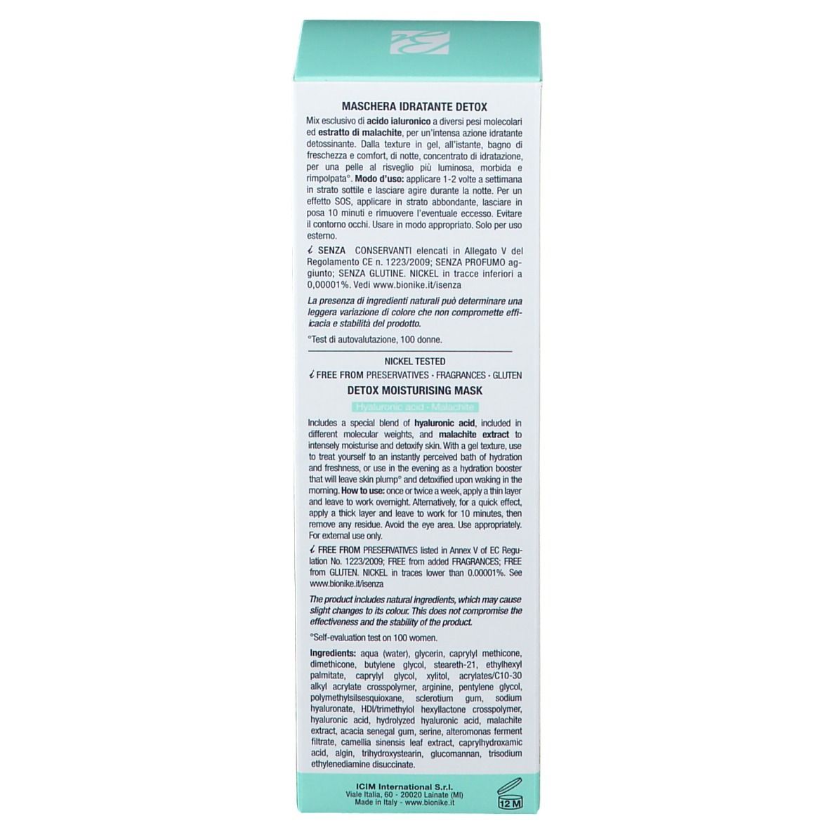 Retro della scatola turchese. Testo in bianco. Marchio: BioNike. Informazioni sul prodotto in inglese.