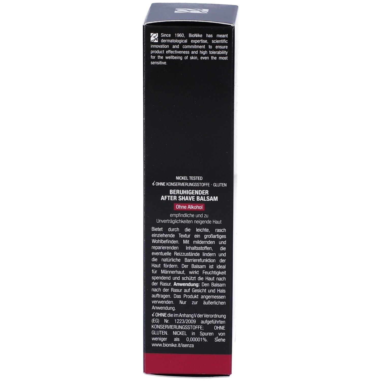 Verpackung eines beruhigenden After-Shave-Balsams, ohne Alkohol, für empfindliche Haut.
