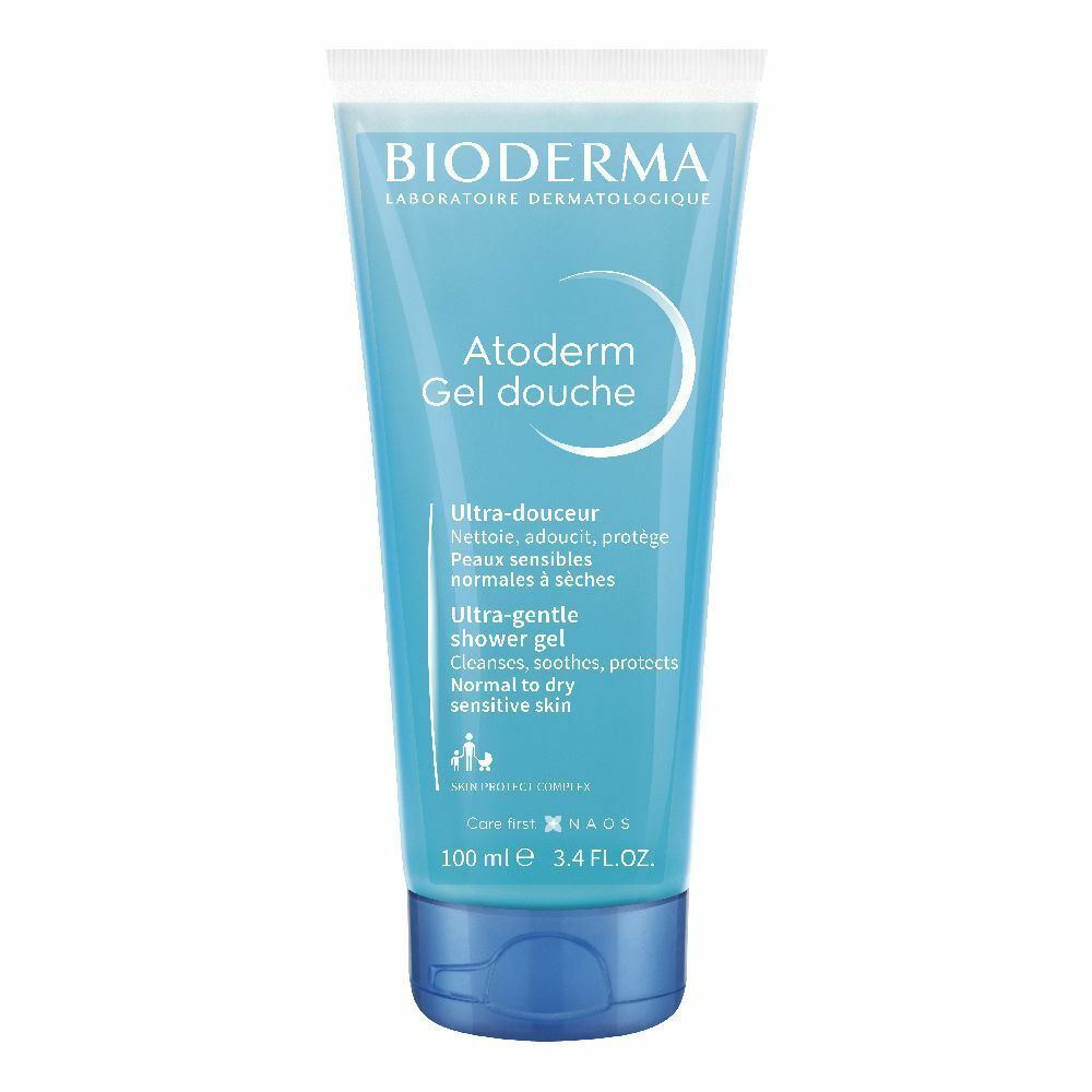 Tubo blu trasparente con tappo blu. Scritte: BIODERMA, Atoderm Gel douche. Testo in francese e inglese.