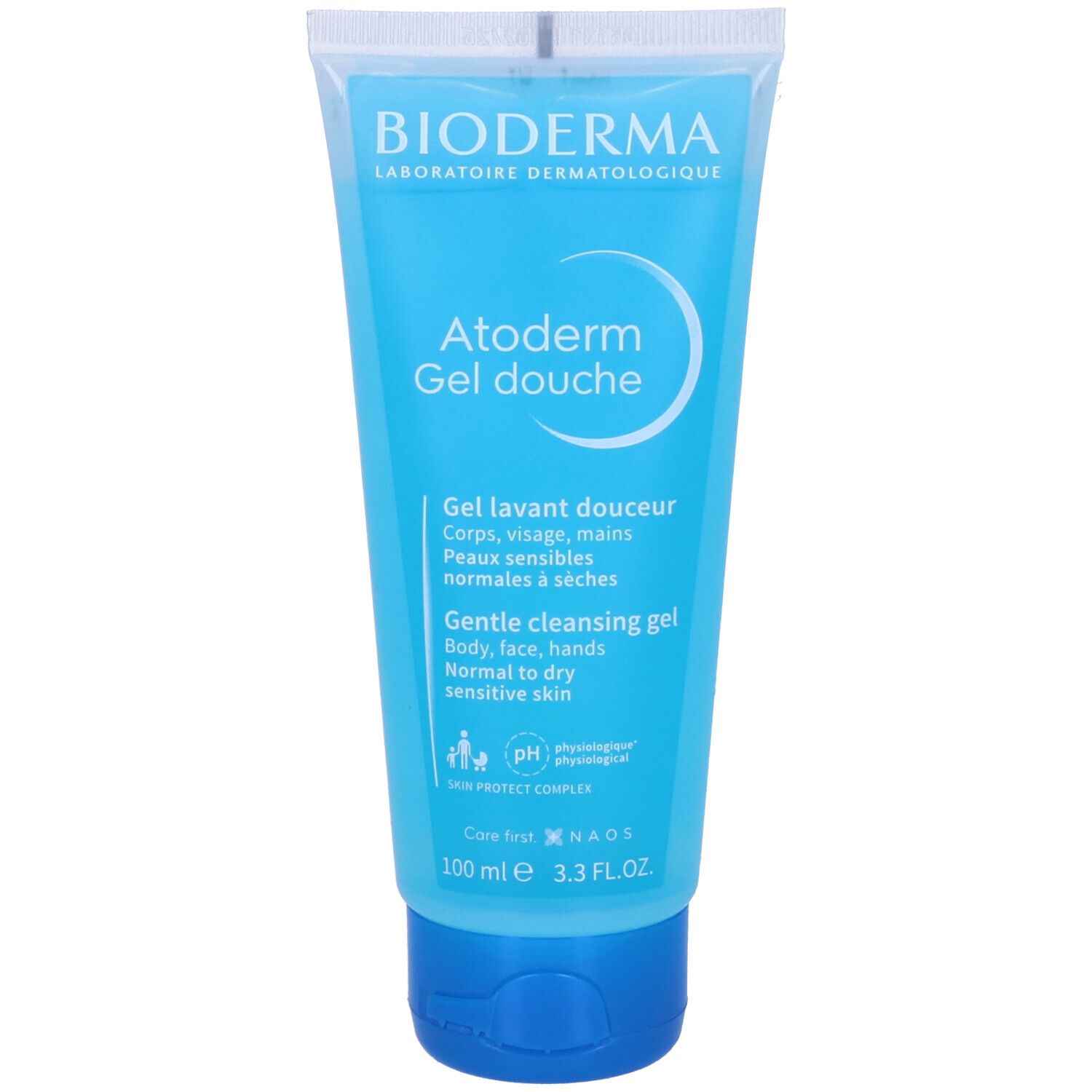 Tubo blu trasparente con tappo blu. Scritte: BIODERMA, Atoderm Gel douche. Testo in francese e inglese.