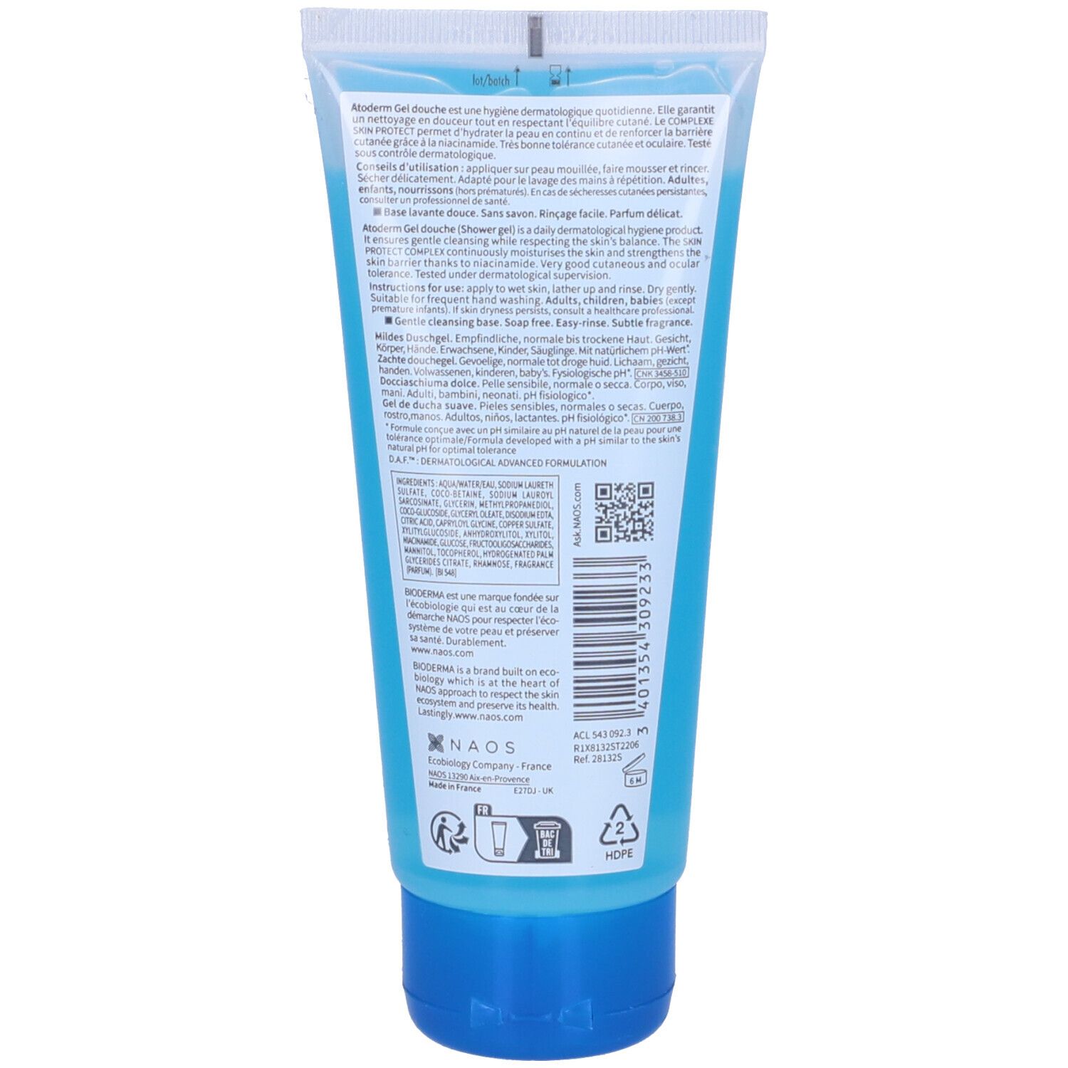 Retro di un tubo blu trasparente. Testo in più lingue, tra cui francese e inglese. Codice QR e loghi.