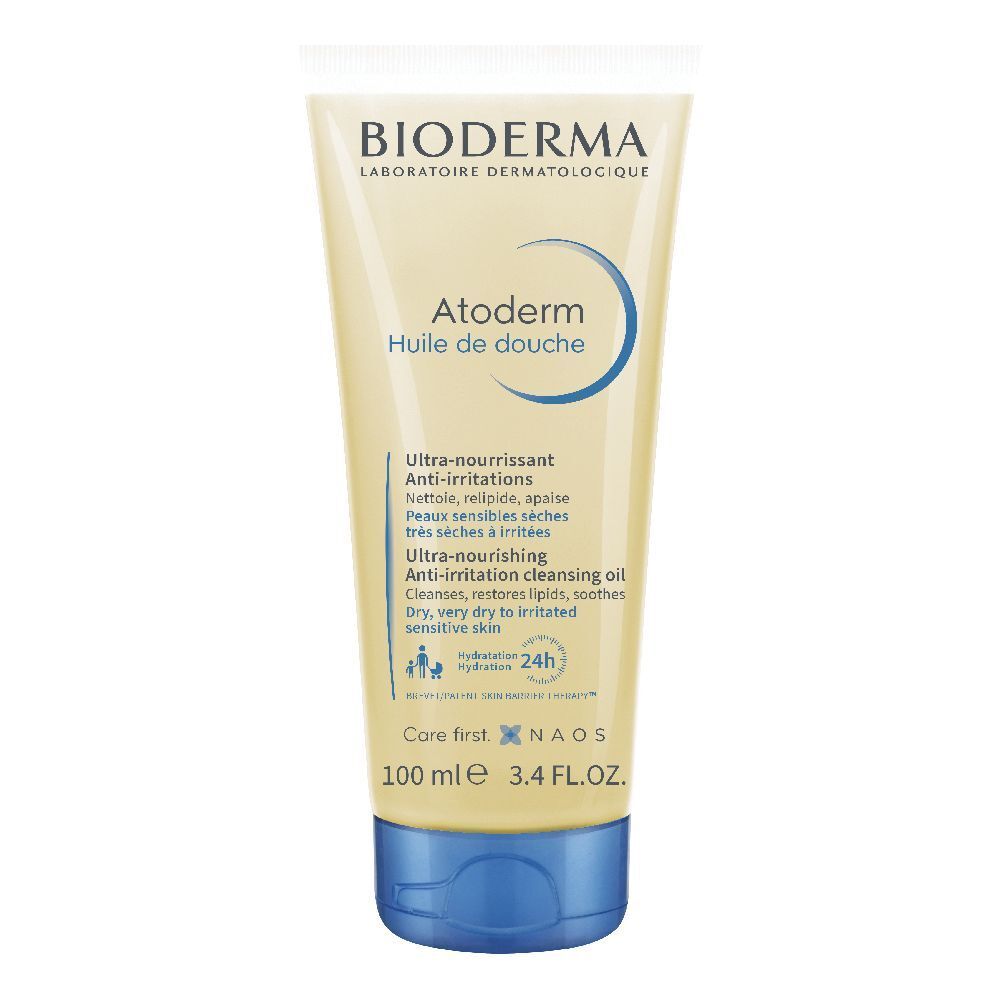 Tubo crema con nome e marchio del prodotto. Tappo blu. Testo: Ultra-nourrissant, Anti-irritations, Atoderm Huile de douche.