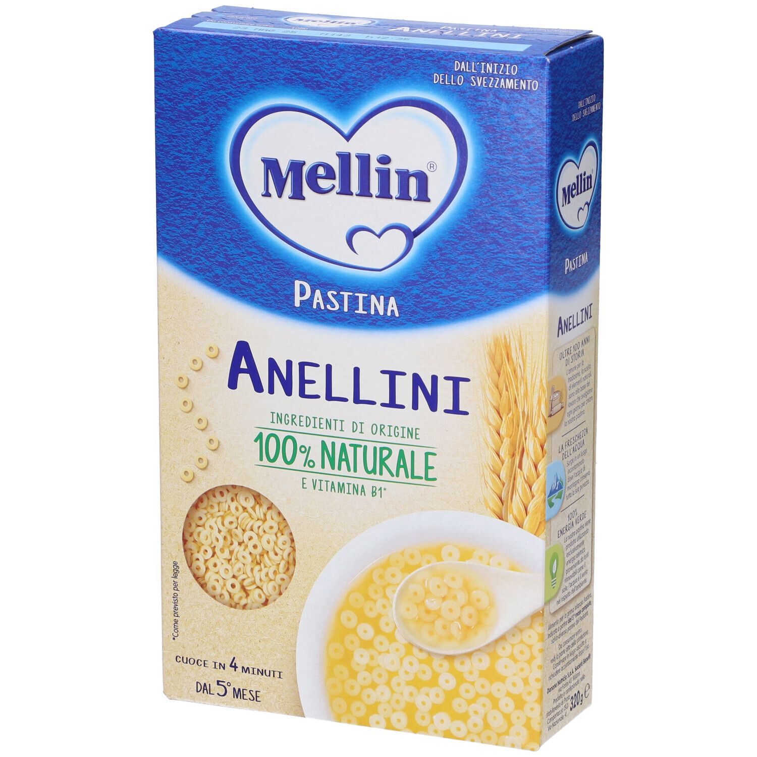 Confezione Mellin Anellini. Scatola blu con nome e logo. Pasta a forma di anelli e una ciotola di pasta.
