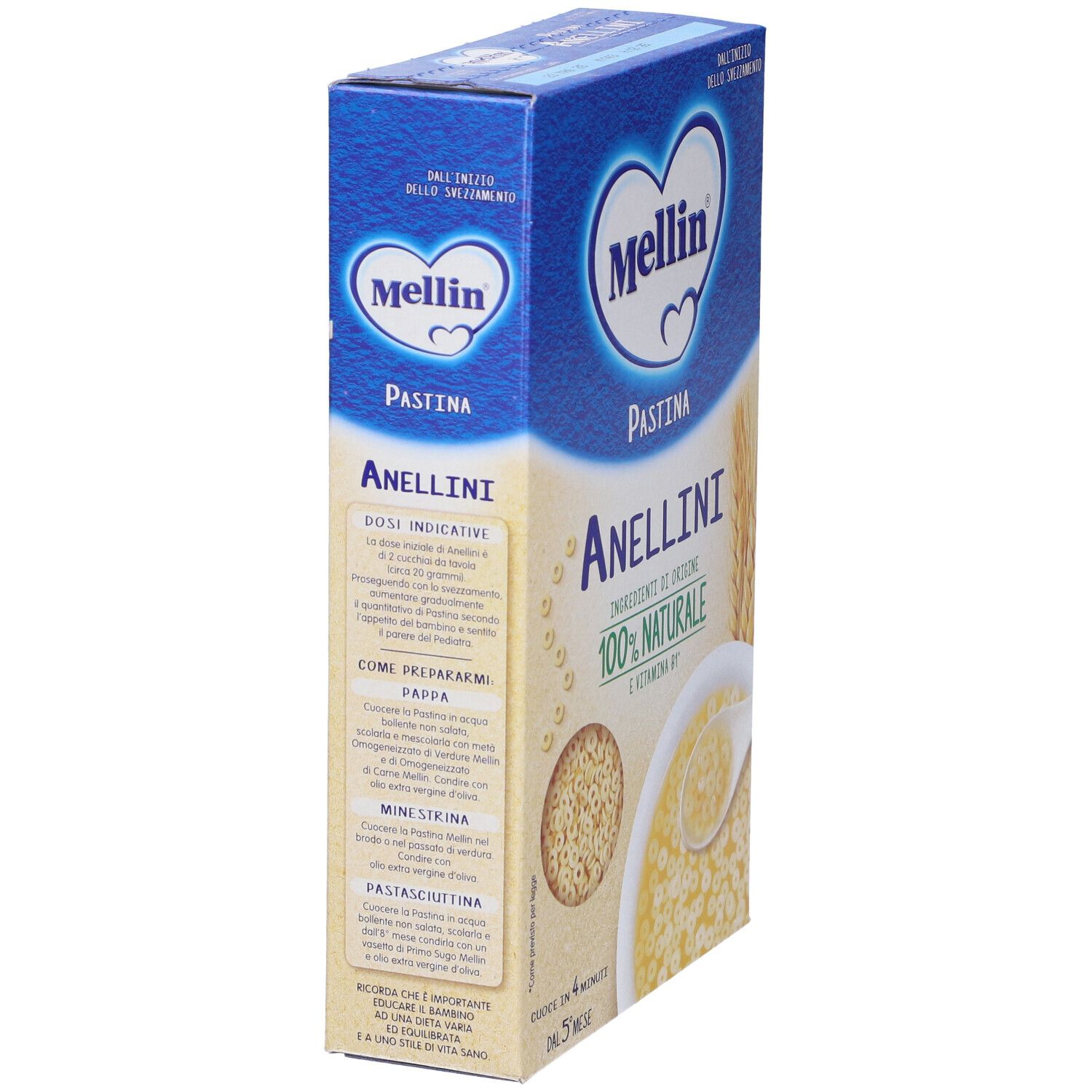 Confezione Mellin Anellini. Scatola blu, nome e logo. Testo sul lato, pasta ad anelli e una ciotola.