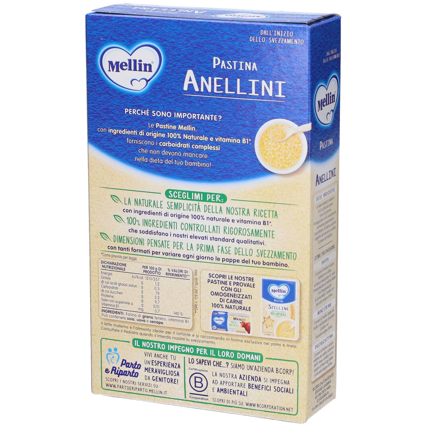 Retro della confezione Mellin Anellini. Scatola blu con informazioni, logo e testo. Tabella nutrizionale.