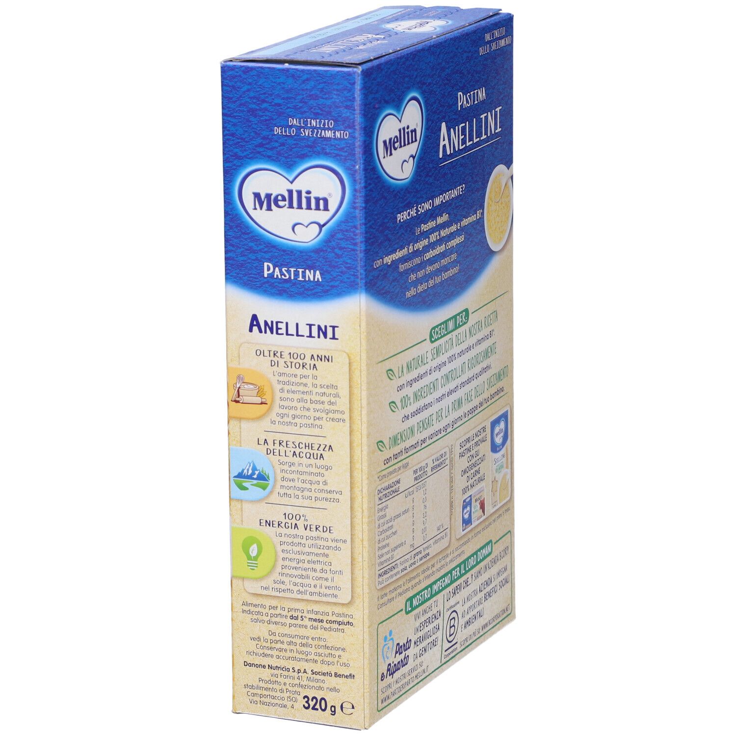 Confezione Mellin Anellini. Scatola blu con informazioni, logo e testo. Tabella nutrizionale e immagine del prodotto.