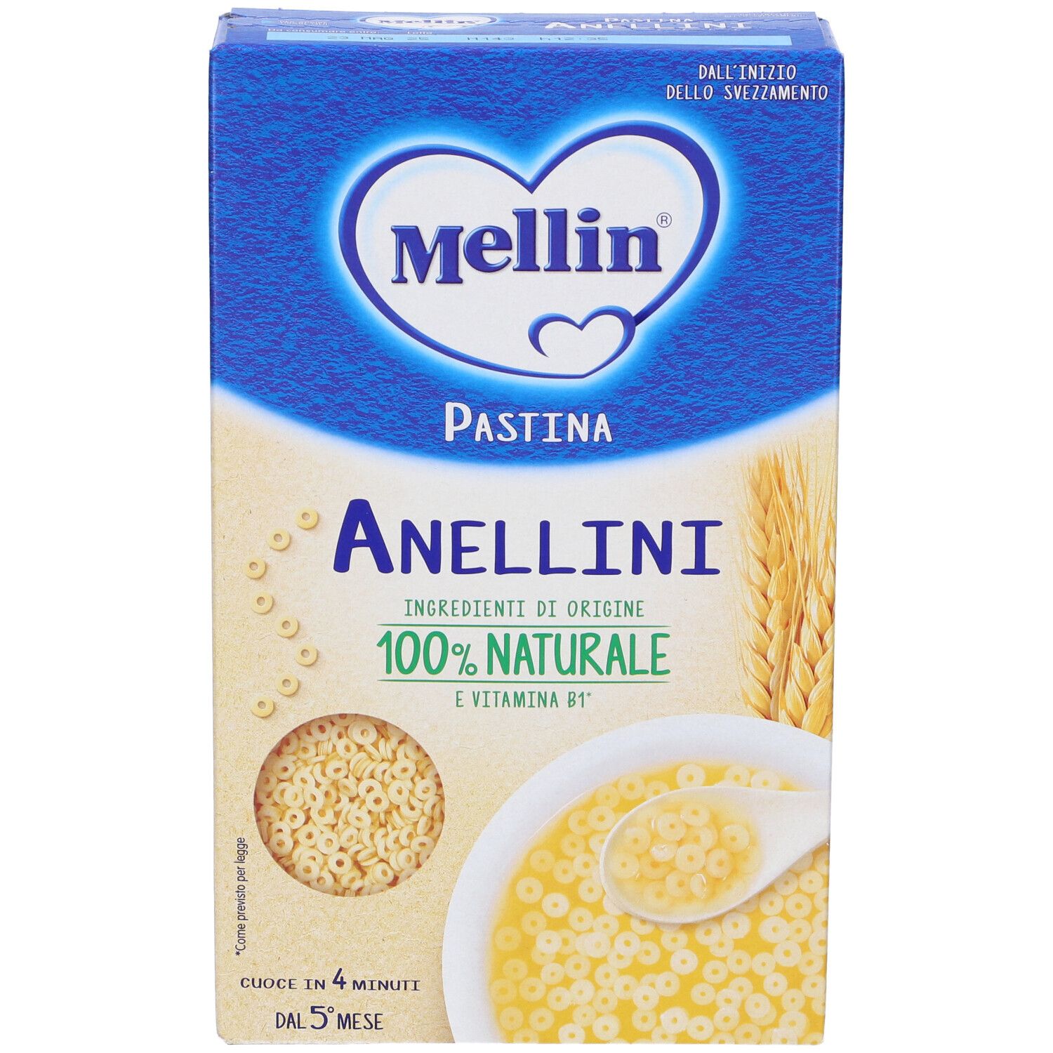 Confezione Mellin Anellini. Scatola blu con nome e logo. Pasta a forma di anelli e una ciotola di pasta.