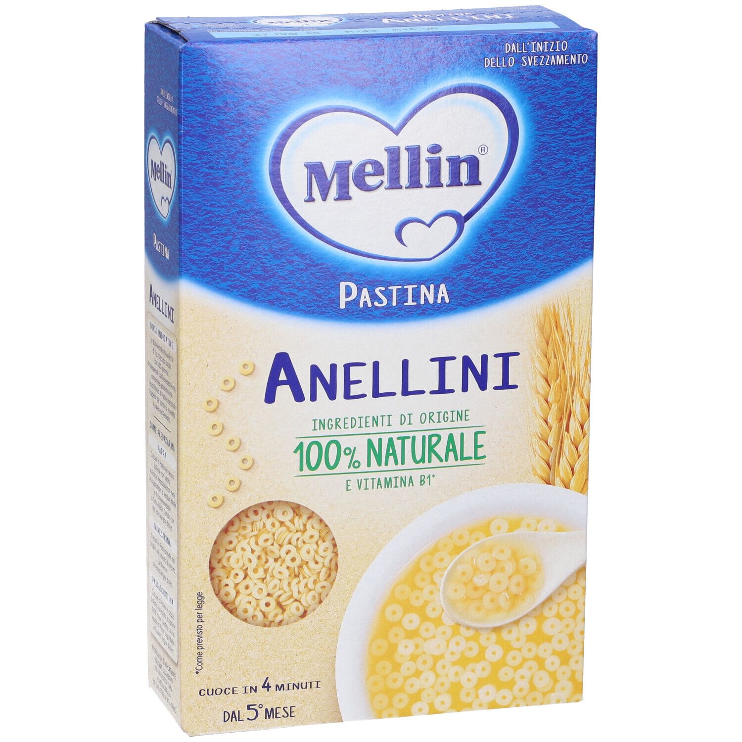 Confezione Mellin Anellini. Scatola blu con nome e logo. Pasta a forma di anelli e una ciotola di pasta.